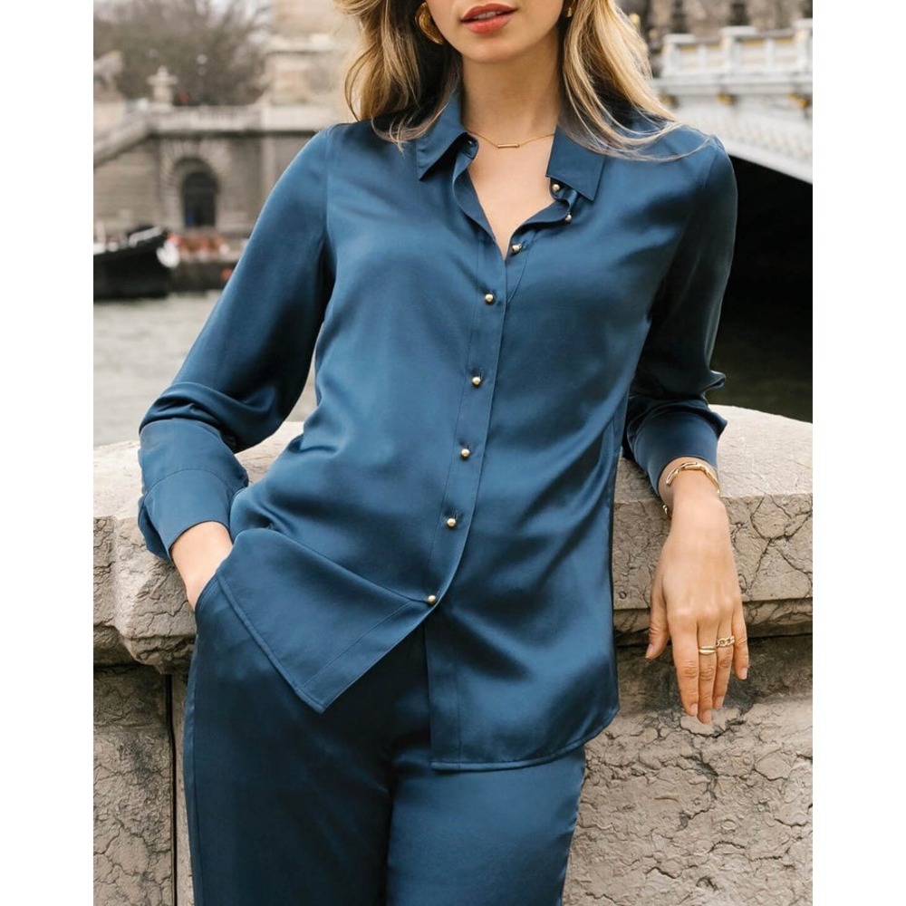 Ravella Blouse Shirt Milano Silk Button Front Midnight Navy Blue Medium